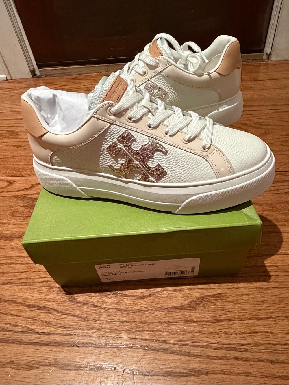 TORY BURCH PLATFORM SNEAKERS IN PURITY/WHITE GOLD/MINT DROP SZ 10 Women’s BNWT